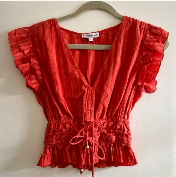 Karina Grimaldi Red Ruffled Cap Sleeve Blouse Size S - Picture 1 of 8